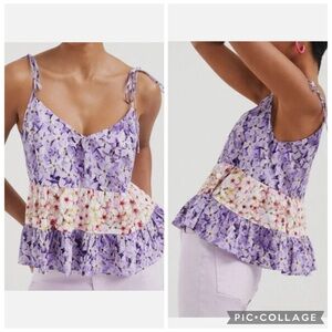 NWY Desigual Floral Tiered Ruffle Cami Top Purple White Sleeveless Size Small